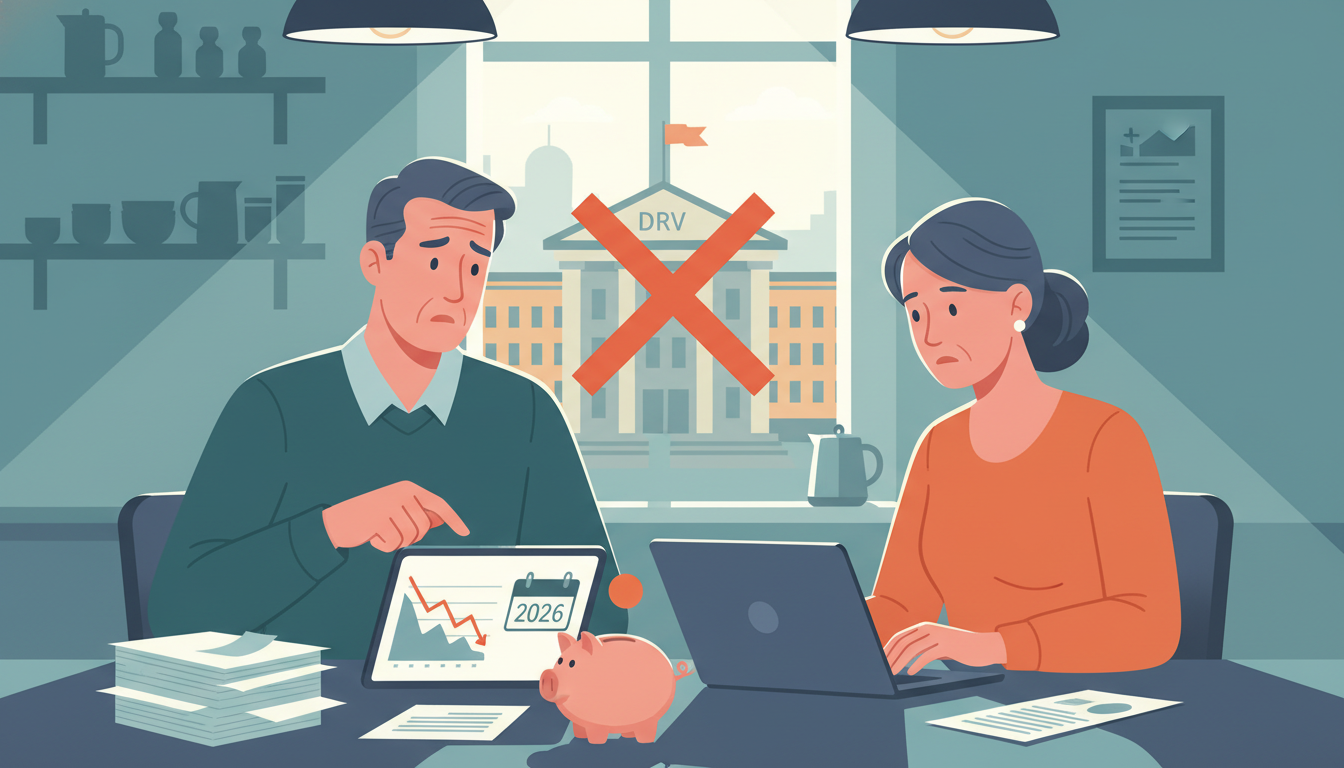 rentenerhoehung-2026-drv-vorsorge-handeln.webp (1) Besorgtes Paar prüft Rentenerhöhung 2026 am Tablet vor einem mit rotem X durchgestrichenen DRV-Gebäude.