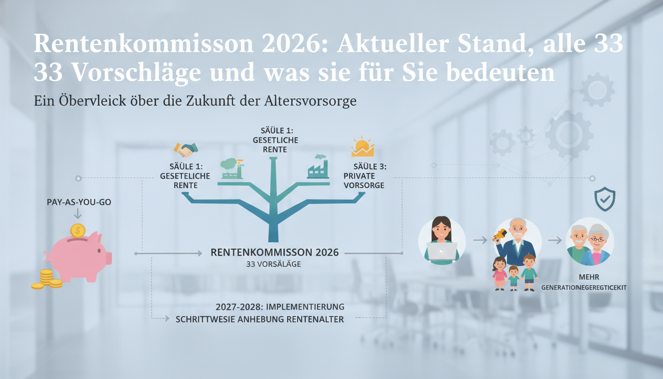 Rentenkommission 2026 Infografik zu Säulen der Altersvorsorge und Vorschlägen für verschiedene Generationen im Büro.Rentenkommission 2026 Infografik zu Säulen der Altersvorsorge und Vorschlägen für verschiedene Generationen im Büro.