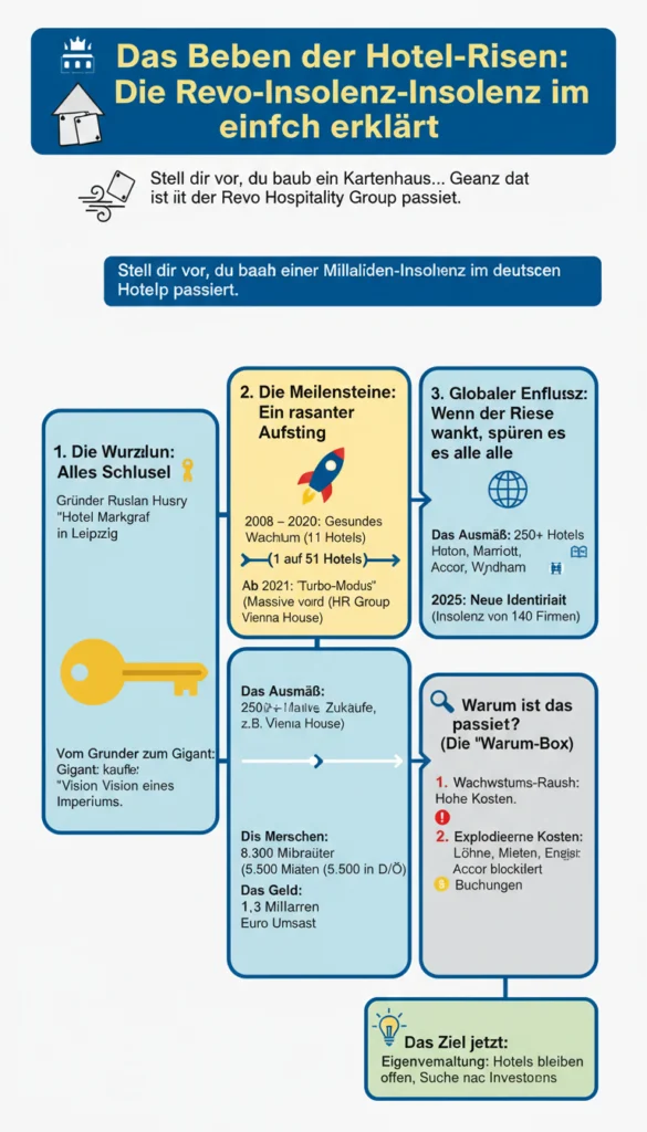 Infografik zur Analyse der Insolvenz der Revo Hotelgruppe im deutschen Markt. Die Grafik beschreibt den Aufstieg von einem Hotel in Leipzig im Jahr 2008 bis hin zu einer massiven Expansion auf über 140 Firmen. Sie erläutert die Auswirkungen auf 8.300 Mitarbeiter und Partner wie Hilton oder Accor. Als Gründe für die Milliarden-Insolvenz werden hohe Kosten für Zukäufe, steigende Mieten und Energiepreise sowie technische Buchungssperren genannt. Das aktuelle Ziel ist die Sanierung in Eigenverwaltung und die Suche nach neuen Investoren.