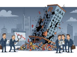 Illustrative Darstellung des Zusammenbruchs der Revo Hotelgruppe mit einem einstürzenden Gebäude mit R-Logo, besorgten Geschäftsleuten und einem fallenden Börsenchart vor einer grauen Stadtskyline.