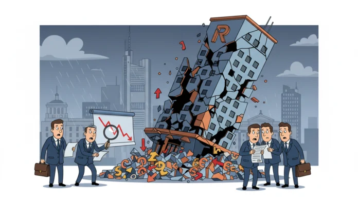 Illustrative Darstellung des Zusammenbruchs der Revo Hotelgruppe mit einem einstürzenden Gebäude mit R-Logo, besorgten Geschäftsleuten und einem fallenden Börsenchart vor einer grauen Stadtskyline.