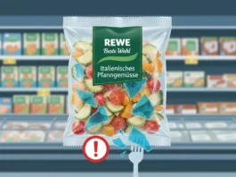 REWE Rückruf 2026: Italienisches Pfannengemüse (Gefahr durch Plastik!) REWE Rückruf 2026: Italienisches Pfannengemüse mit blauen Plastiksplittern und Warnsymbol im Supermarkt.
