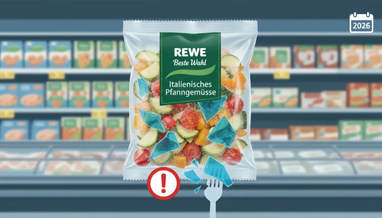 REWE Rückruf 2026: Italienisches Pfannengemüse mit blauen Plastiksplittern und Warnsymbol im Supermarkt.