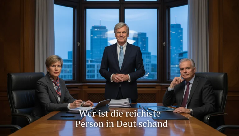 Drei wohlhabende Geschäftsleute in einem modernen Büro passend zur Frage: Wer ist die reichste Person in Deutschland?