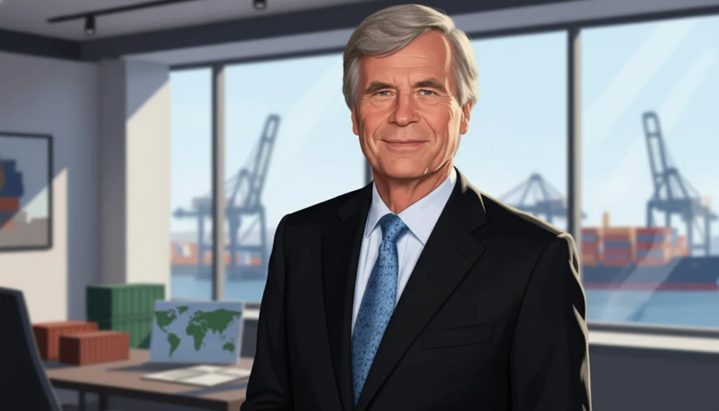 Wohlhabender Unternehmer im Büro vor einem Industriehafen, stellvertretend für die reichste Person in Deutschland.