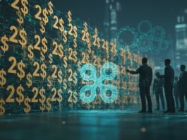 Eine Gruppe von Geschäftsleuten in Anzügen betrachtet eine massive digitale Wand aus goldenen 2-Dollar- und Dollar-Symbolen. Inmitten dieser Mauer leuchtet das XRP-Logo von Ripple in kühlem Blau. Die Szene veranschaulicht metaphorisch die 2-Dollar-Kursbarriere und das Bemühen um das Vertrauen institutioneller Investoren in einer hochmodernen Finanzumgebung.