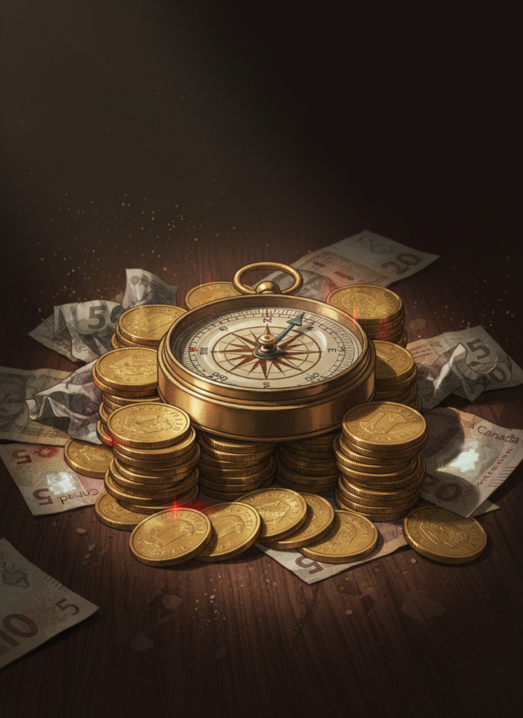 Ein Kompass auf Goldmünzen als Symbol für Währungsrisiken und Volatilität