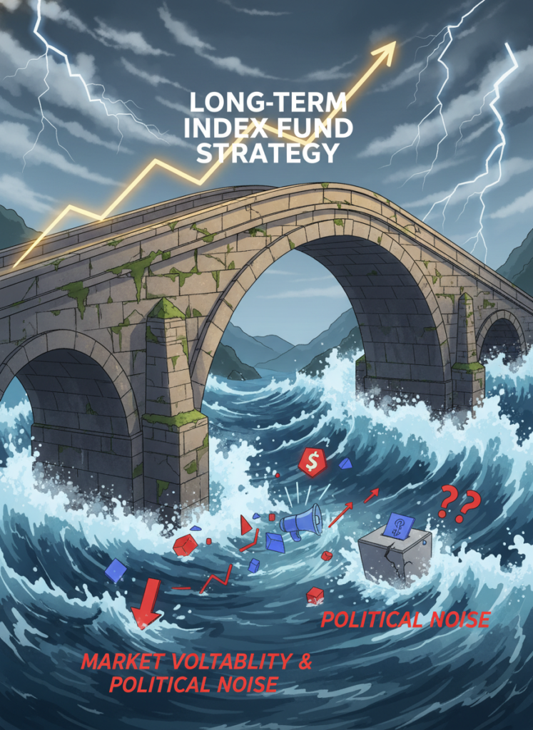 Eine stabile Steinbrücke über einem reißenden Fluss als Symbol für eine krisenfeste Anlagestrategie.