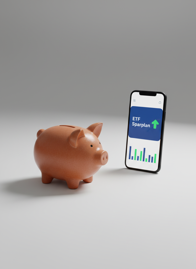 Traditionelles Sparschwein im Vergleich zu einer modernen ETF-Sparplan-App auf einem Smartphone.