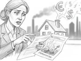 Besorgte Frau blickt auf hohe Energiekosten, die symbolisch die Steuererstattung 2026 durch steigende Preise auffressen.