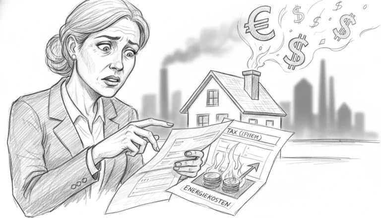 Besorgte Frau blickt auf hohe Energiekosten, die symbolisch die Steuererstattung 2026 durch steigende Preise auffressen.