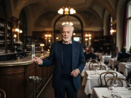 Roland Mary in seinem eleganten Restaurant, das seinen geschäftlichen Erfolg und sein Vermögen repräsentiert.
