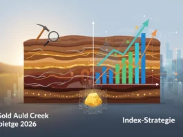Geologische Schichten mit Goldnugget und steigender Index-Strategie Grafik für Rua Gold Auld Creek Ergebnisse 2026.