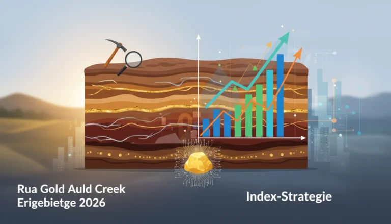 Geologische Schichten mit Goldnugget und steigender Index-Strategie Grafik für Rua Gold Auld Creek Ergebnisse 2026.