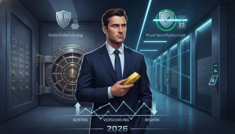 Mann mit Goldbarren im Tresorraum veranschaulicht Kosten, Versicherung und Risiken beim Bankschließfach für Gold 2026.