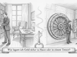 Ein Mann legt Goldbarren in einen Heimtresor, daneben ein Banktresor zur sicheren Lagerung von Gold zu Hause oder extern.