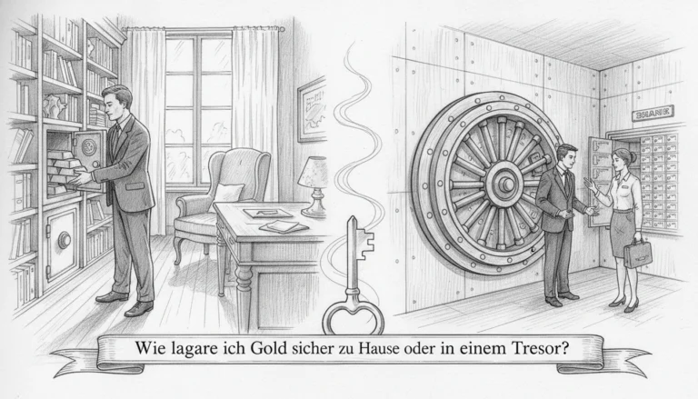 Ein Mann legt Goldbarren in einen Heimtresor, daneben ein Banktresor zur sicheren Lagerung von Gold zu Hause oder extern.