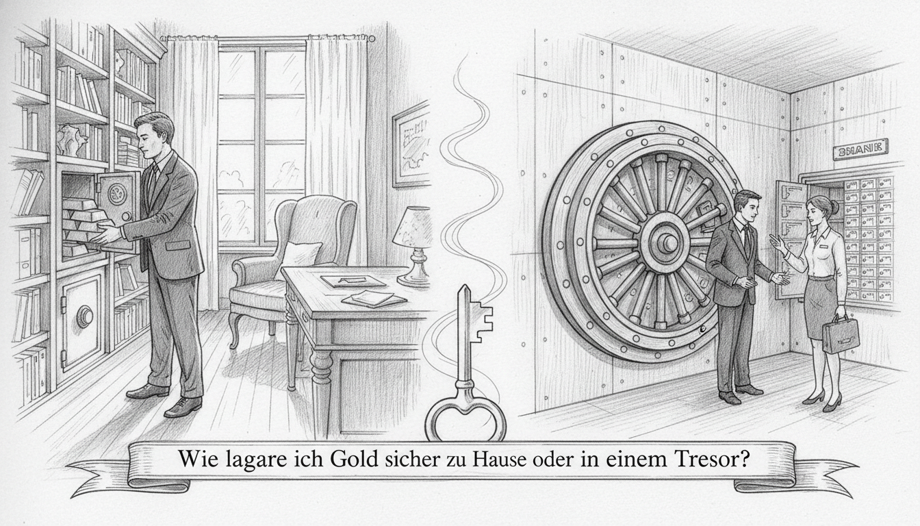 safe-gold-storage-home-vs-bank-vault.webp Ein Mann legt Goldbarren in einen Heimtresor, daneben ein Banktresor zur sicheren Lagerung von Gold zu Hause oder extern.