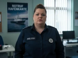 Polizistin in Uniform vor Notruf Hafenkante Poster im Büro zur Analyse von Sanna Englunds 16-jährigem Verdienst.