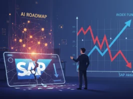 SAP Aktie 2026 Kursmassaker: Mann vor Chart mit fallendem Kurs, steigenden Indexfonds und zerbrochener KI-Roadmap.