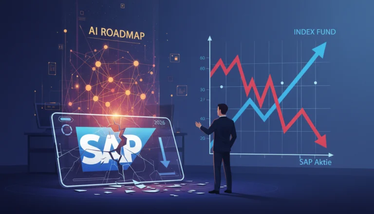 SAP Aktie 2026 Kursmassaker: Mann vor Chart mit fallendem Kurs, steigenden Indexfonds und zerbrochener KI-Roadmap.