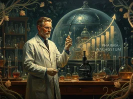 Forscher betrachtet Laborprobe vor einem Wachstums-Chart zur SCHOTT Pharma Aktie Analyse und Pharma-Wachstum.