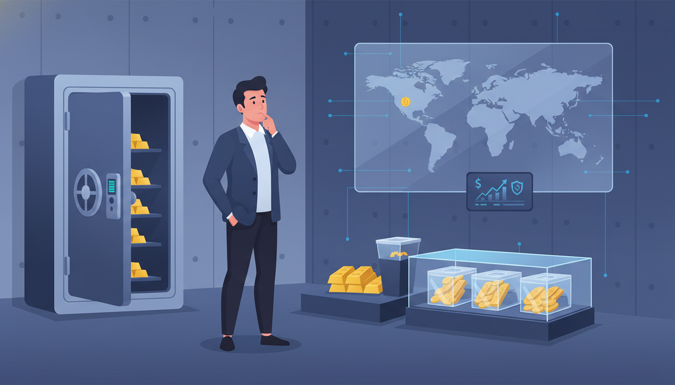 Investor prüft im modernen Tresorraum diverse Optionen, um Gold 2026 sicher und bezahlbar lagern zu können.