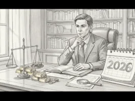 Fachmann am Schreibtisch mit Gold, Waage und 2026 Kalender für Infos zum Gold steuerfrei verkaufen und neuen Fristen.