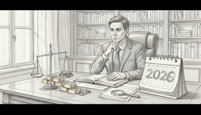 Fachmann am Schreibtisch mit Gold, Waage und 2026 Kalender für Infos zum Gold steuerfrei verkaufen und neuen Fristen.