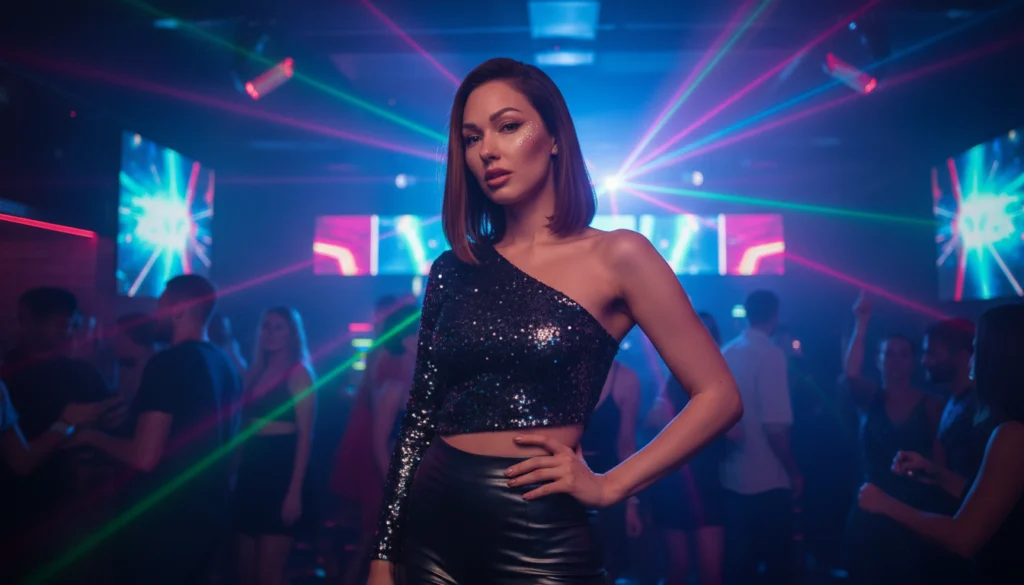 Shaiden Rogue: Das Phänomen des digitalen Aufstiegs – Eine Analyse 2 Shaiden Rogue im glitzernden Top im Nachtclub mit Lasern, cineastische Darstellung ihres digitalen Aufstiegs.