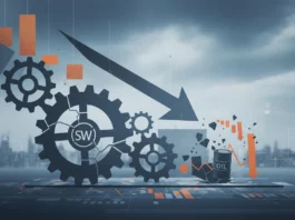 Zerbrochene Zahnräder mit SW-Logo und fallende Pfeile zeigen den Kursabfall der Sherwin-Williams Aktie im April 2026.