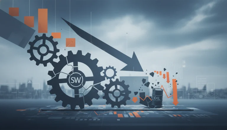 Zerbrochene Zahnräder mit SW-Logo und fallende Pfeile zeigen den Kursabfall der Sherwin-Williams Aktie im April 2026.