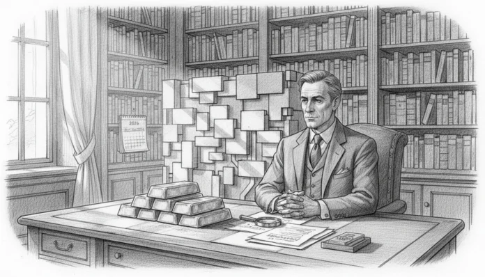silent-wealth-transfer-gold-bars-tax-firewall-2026.webp Mann am Schreibtisch mit Goldbarren vor einer symbolischen Firewall als Schutz für den Vermögenstransfer 2026.
