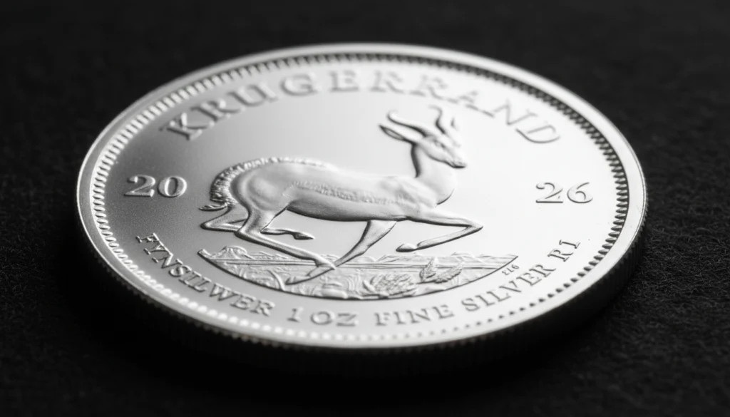 Silver Krugerrand coin with a leaping springbok, illustrating precious metal market trends for an infographic.