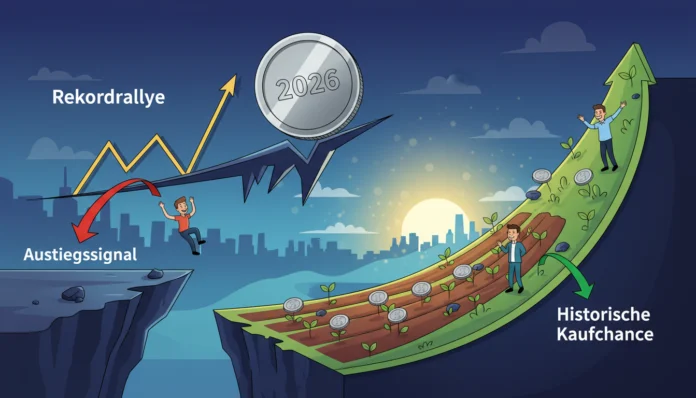 Illustration zum Silbermarkt 2026: Ein Vergleich zwischen dem riskanten Ende einer Rekordrallye (Ausstiegssignal) und einer neuen historischen Kaufchance. Links ein fallender Kursgraph mit einer fallenden Person, rechts ein grüner Aufwärtstrend mit wie Pflanzen wachsenden Silbermünzen und zufriedenen Anlegern.