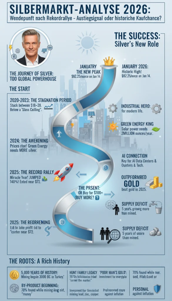 Infografik zur Silbermarkt-Analyse 2026. Ein gewundener Zeitstrahl visualisiert die Entwicklung des Silberpreises von einer Stagnationsphase (2020–2023) über eine Rekordrallye im Jahr 2025 bis hin zu einem historischen Höchststand von 92,25 USD pro Unze im Januar 2026. Die Grafik beleuchtet zudem Silbers Rolle in der Industrie, bei Solarenergie und KI-Technologien sowie den anhaltenden Angebotsmangel und historische Hintergründe.