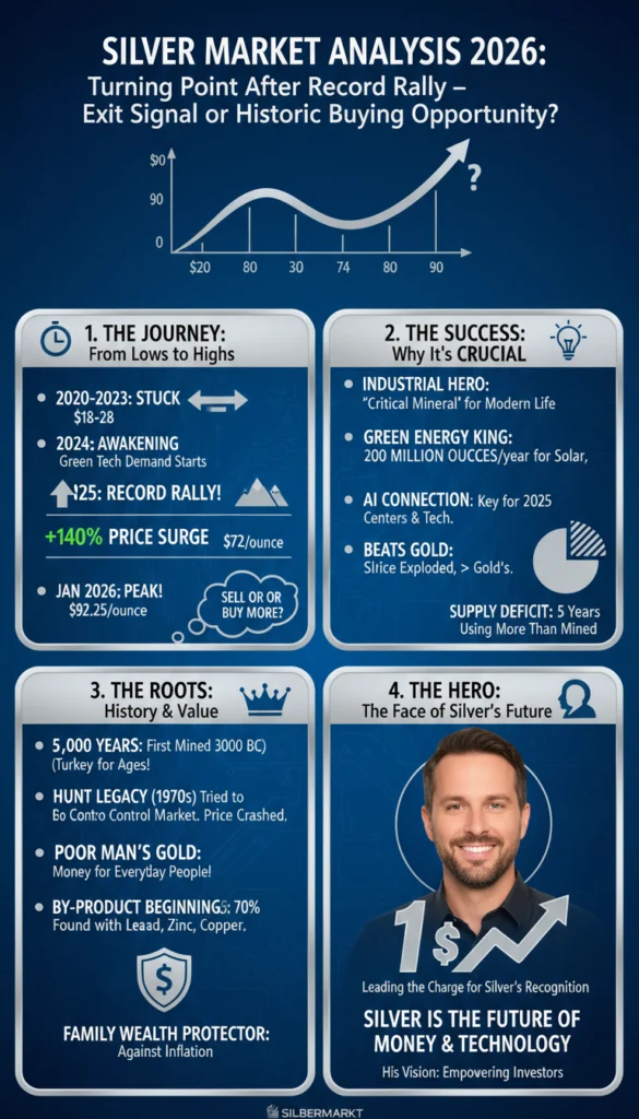 Infografik zur Silbermarkt-Analyse 2026. Ein gewundener Zeitstrahl visualisiert die Entwicklung des Silberpreises von einer Stagnationsphase (2020–2023) über eine Rekordrallye im Jahr 2025 bis hin zu einem historischen Höchststand von 92,25 USD pro Unze im Januar 2026. Die Grafik beleuchtet zudem Silbers Rolle in der Industrie, bei Solarenergie und KI-Technologien sowie den anhaltenden Angebotsmangel und historische Hintergründe.