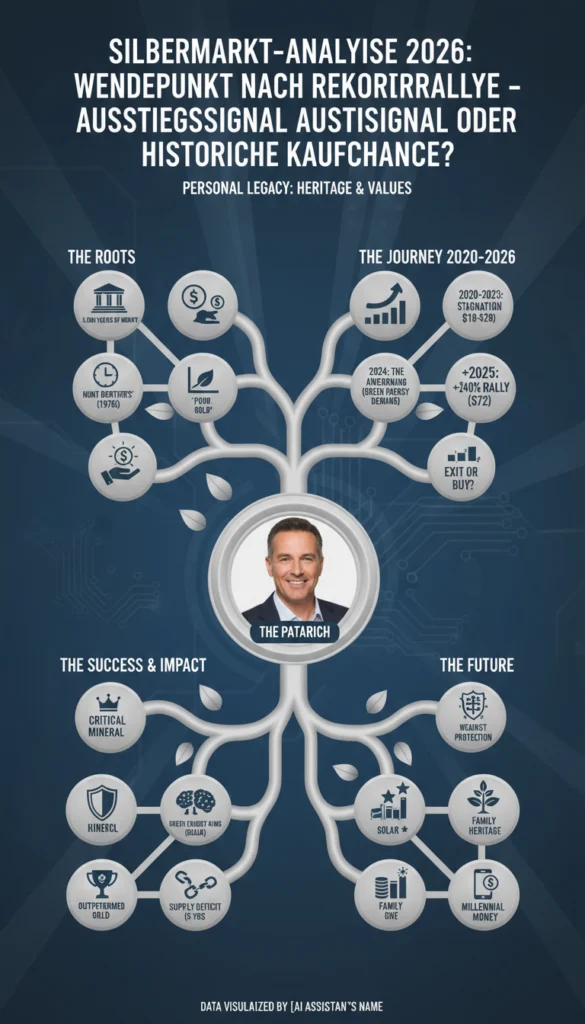 Infografik zur Silbermarkt-Analyse 2026. Ein gewundener Zeitstrahl visualisiert die Entwicklung des Silberpreises von einer Stagnationsphase (2020–2023) über eine Rekordrallye im Jahr 2025 bis hin zu einem historischen Höchststand von 92,25 USD pro Unze im Januar 2026. Die Grafik beleuchtet zudem Silbers Rolle in der Industrie, bei Solarenergie und KI-Technologien sowie den anhaltenden Angebotsmangel und historische Hintergründe.