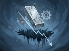 Rissiger Silberbarren mit Datum 2. April 2026 über einem Abgrund und sinkendem Chartpfeil zeigt Silberpreis Absturz.