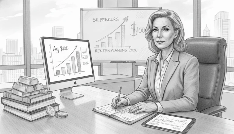 Finanzexpertin analysiert Silberkurs Prognose 100 Dollar für die Rentenplanung 2026 am PC mit Edelmetall-Grafiken.