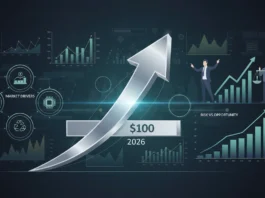 Silberner Aufwärtspfeil vor Börsencharts visualisiert den Silber-Preisanstieg auf 100 Dollar bis zum Jahr 2026.