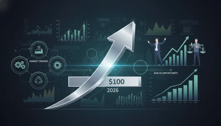 Silberner Aufwärtspfeil vor Börsencharts visualisiert den Silber-Preisanstieg auf 100 Dollar bis zum Jahr 2026.