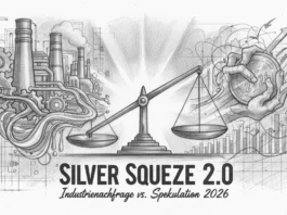 Waage zwischen Fabriken und Spekulation 2026 mit Münze, illustriert den Silver Squeeze 2.0 und Industrienachfrage.