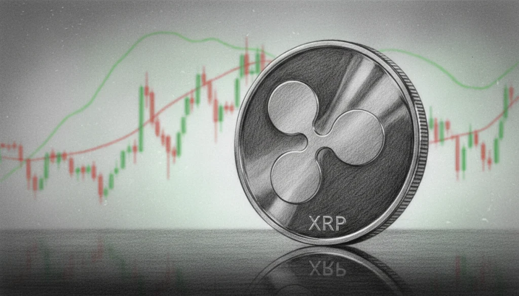 Ripple (XRP): Die Zwei-Dollar-Mauer und das Ringen um institutionelles Vertrauen 1 A cinematic studio shot of a physical silver XRP cryptocurrency coin standing upright on its edge on a dark reflective surface. The background features blurred green and red financial candlestick chart lines, representing market volatility and trading trends.