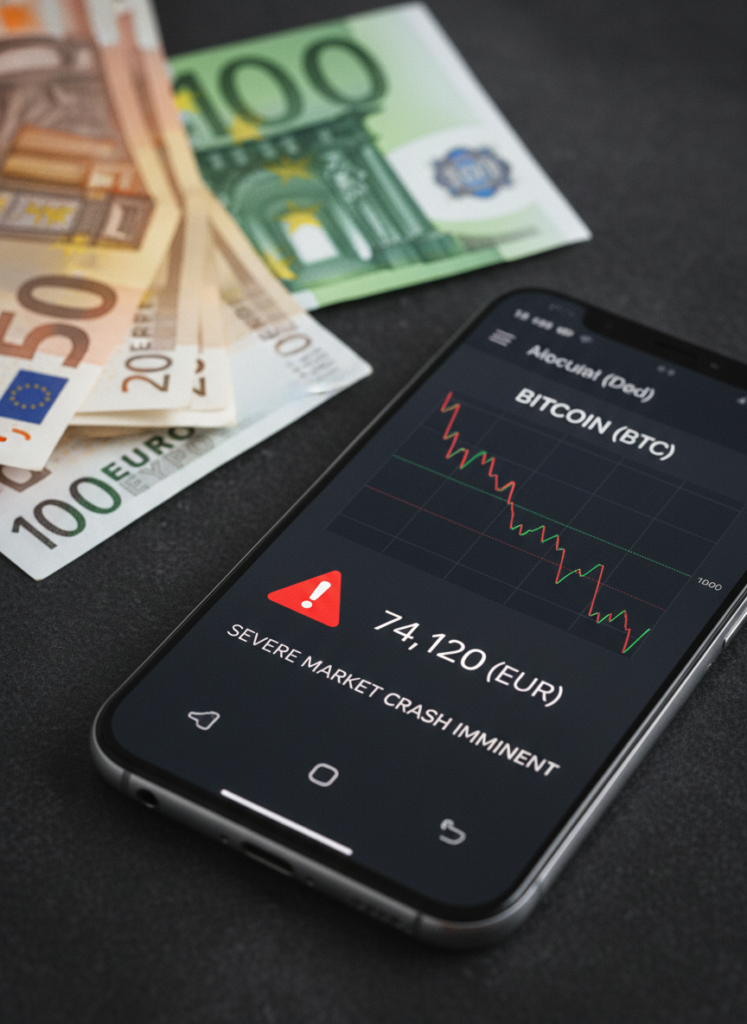 Smartphone mit Krypto-Kursen neben Euro-Scheinen, Warnschild auf dem Display