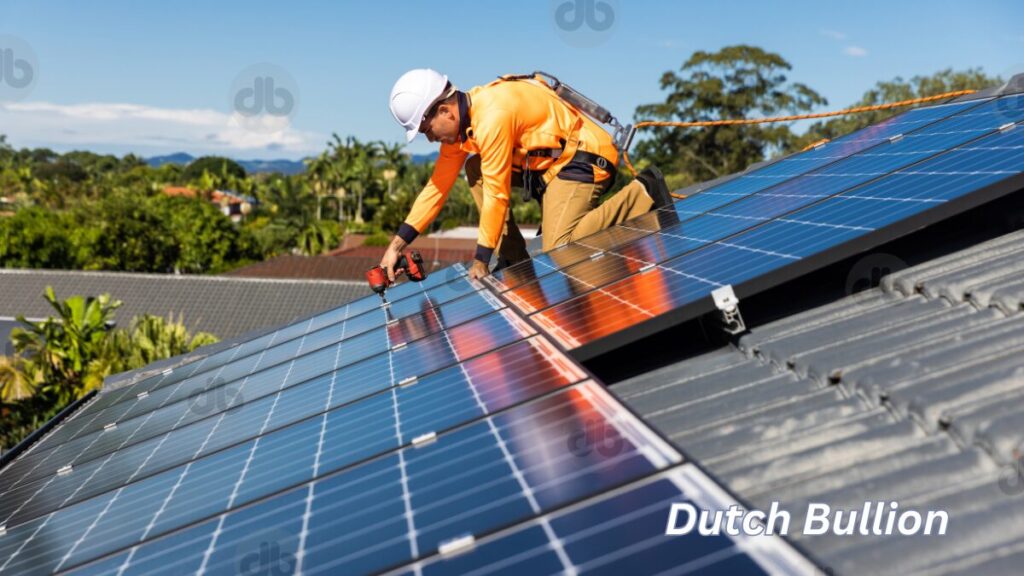 Mann, der Sonnenkollektoren auf einem Haus in Deutschland repariert