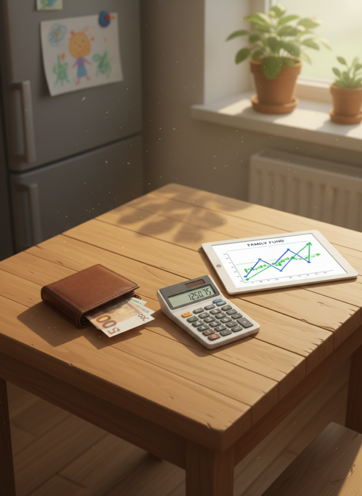 Ein Küchentisch mit Haushaltsbuch, Taschenrechner und einem Tablet, das einen stetig wachsenden Welt-ETF zeigt – ein Symbol für vernünftige Finanzplanung.