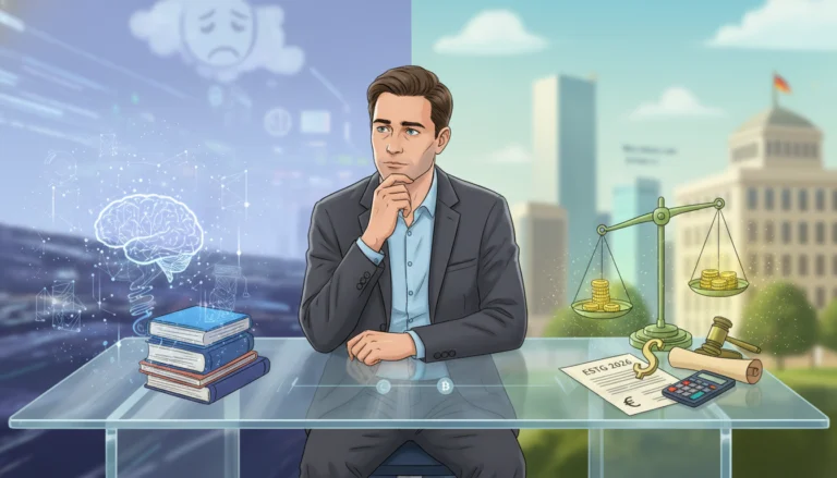 Mann am Schreibtisch analysiert psychologische und rechtliche Aspekte für Staking Steuern Deutschland 2026.