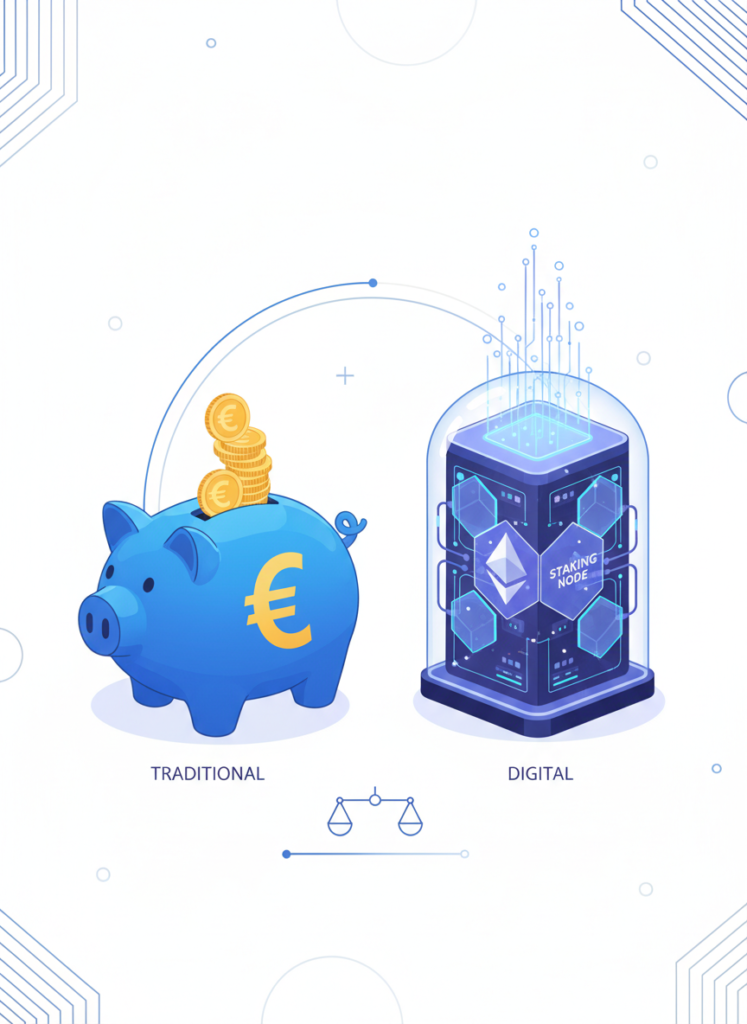 Fig 2: Vergleich von traditionellem Sparen in Euro und Krypto-Staking