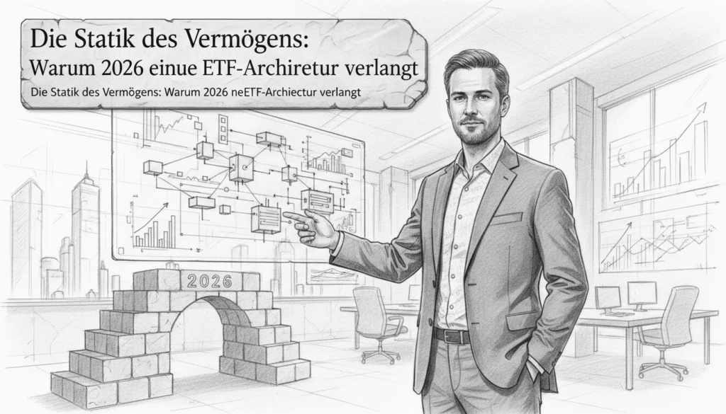 Berater vor komplexen Diagrammen und einem 2026-Steinbogen zur Statik des Vermögens und neuen ETF-Architektur.